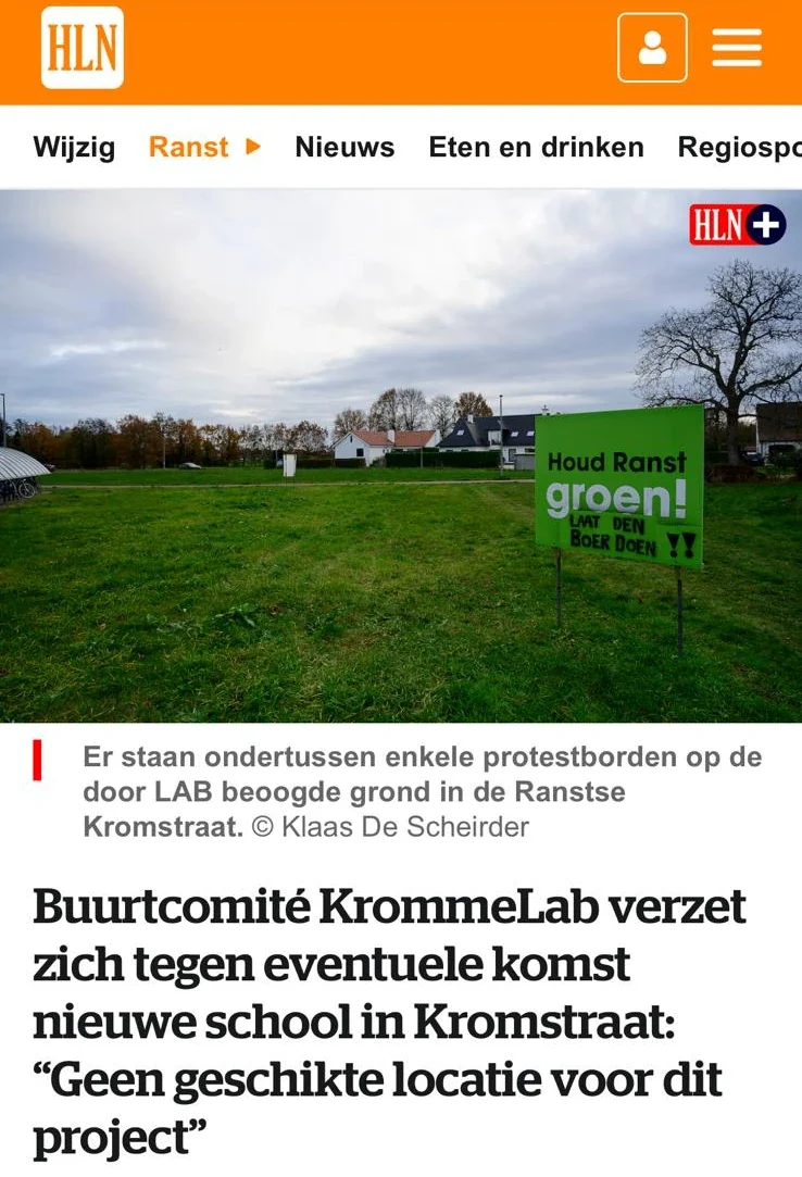 preview artikel HLN: buurtcomité verzet zich tegen school in Kromstraat.