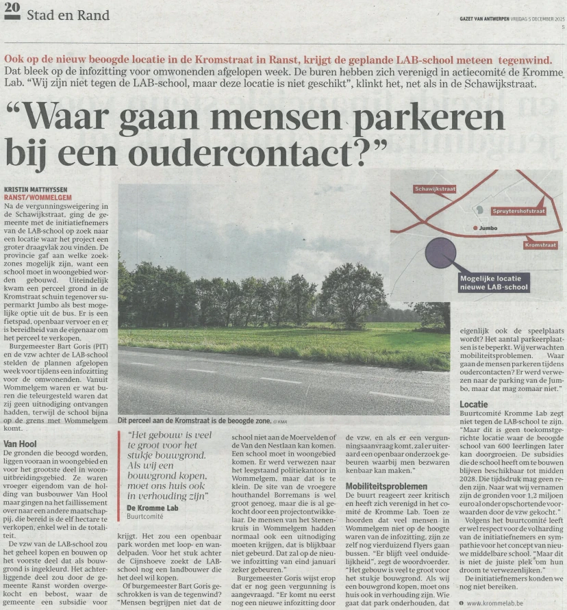 preview artikel GvA: weinig animo voor nieuwe school in Kromstraat