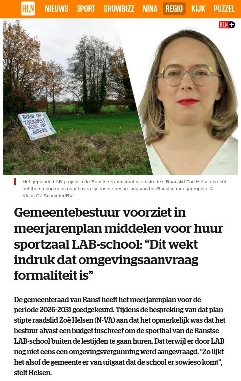 preview artikel HLN: Gemeentebestuur voorziet in meerjarenplan middelen voor huur sportzaal LAB-school: “Dit wekt indruk dat omgevingsaanvraag formaliteit is”